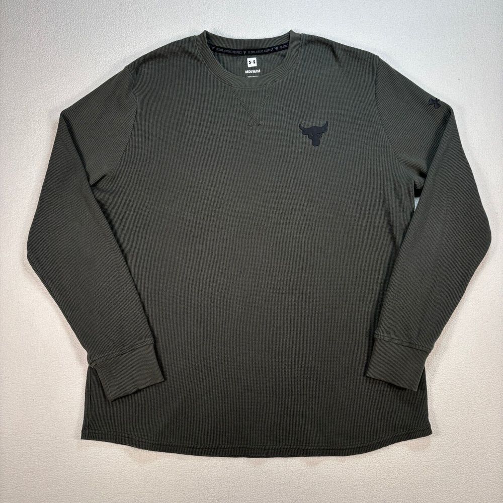 Under Armour Project Rock Shirt Men's M Green Waffle Knit Crew Bull Logo 1358757